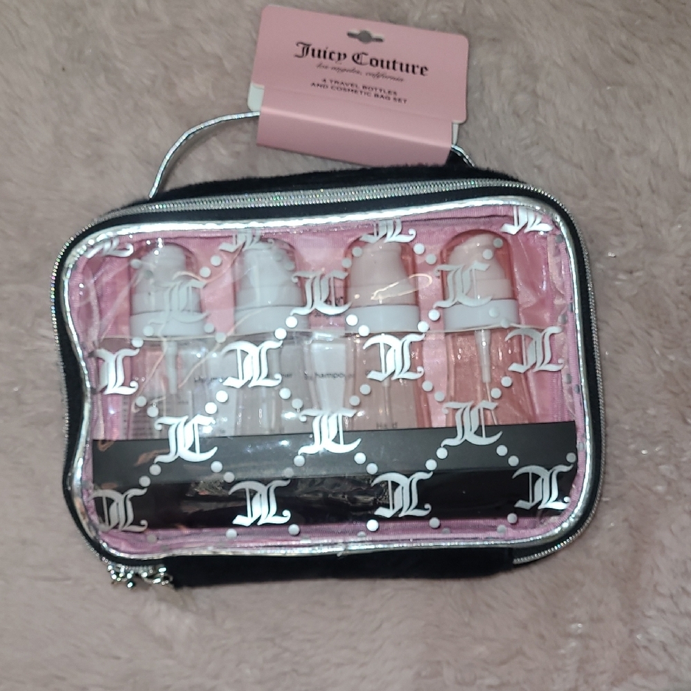 NWT Juicy Couture Pink and Black Travel Bottles & Cosmetic Bag Set